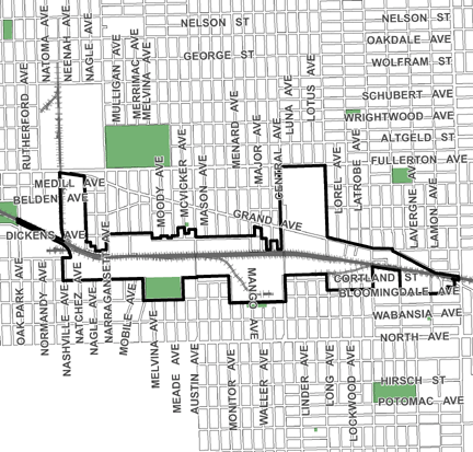 Galewood/Armitage TIF district, roughly bounded on the north by Fullerton Avenue, Bloomingdale Avenue on the south, Cicero Avenue on the east, and Oak Park Avenue on the west.